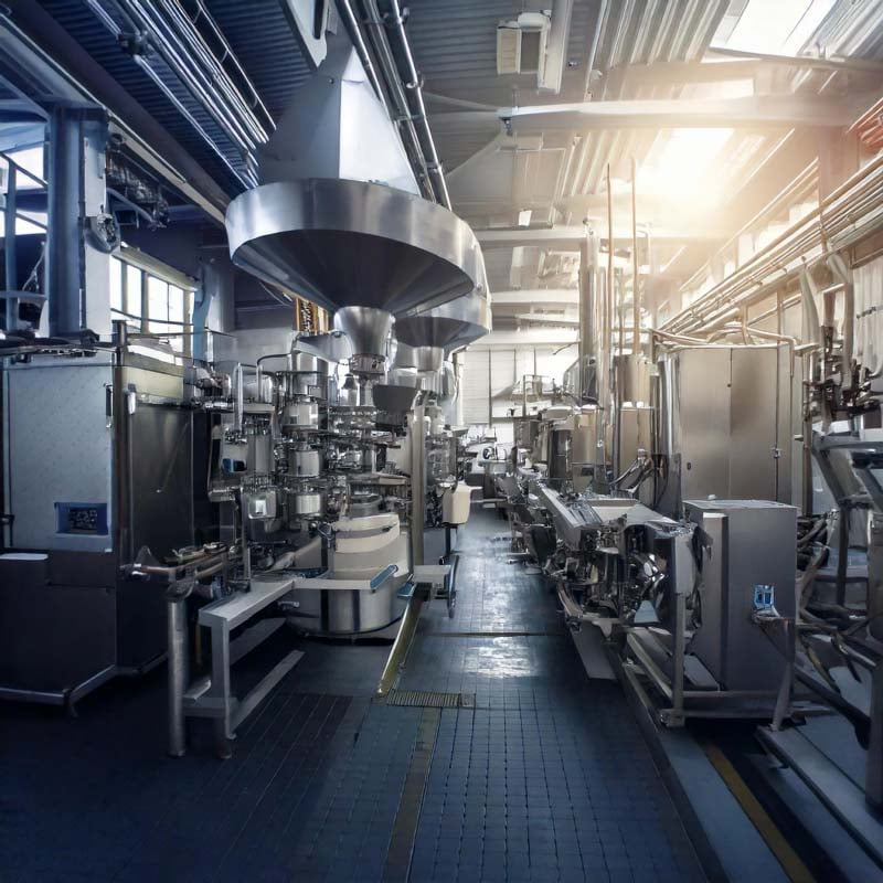 Modern food manufacturing facility with automated stainless steel processing