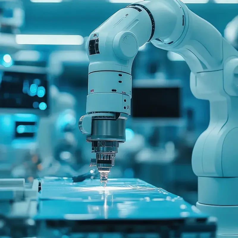 Advanced robotic arm performing precision oil sampling and analysis in a high-tech laboratory environment